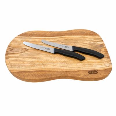 Schneidebrett MULEX "Toscana", braun (holzfarben), B:18cm H:1,2cm L:29cm, Chrom-Molybdän-Vanadium-Stahl, Massivholz, Schneidebretter, Handmade, inkl. 2 extrascharfe Universal Tafelmesser