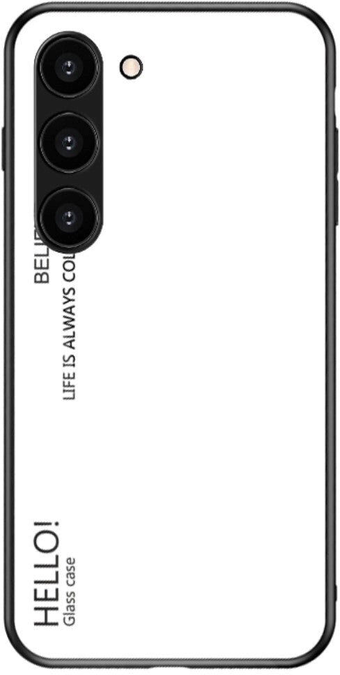 INCOVER Samsung Galaxy S23 Glas Bagside Cover - Hello - Hvid