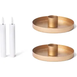 2X Stabkerzenhalter rund Metall Kerzenhalter Durchmesser 9cm matt Gold mit flammenloser LED-Kerze Stabkerze Kerzenpick Adventskranz scandic chic Kerzenteller Weihnachtsdekoration
