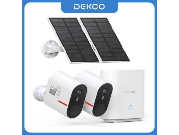 Système de caméra solaire sans fil Dekco 5MP, kit 2 caméras, caméra de sécurité solaire WiFi extérieure, vision nocturne couleur, communication bidirectionnelle