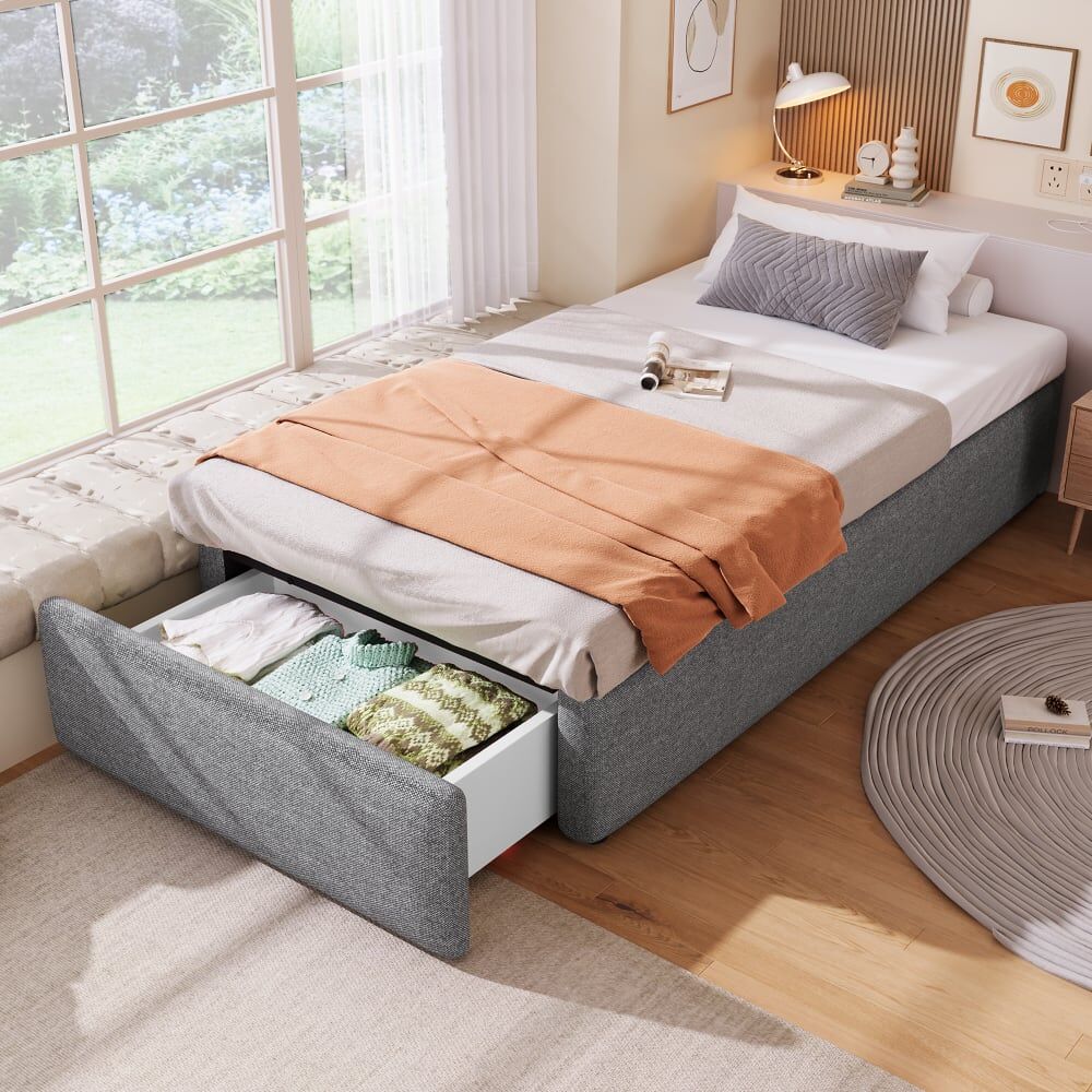 KOMHTOM Lit tapissier plateforme en lin gris 90x200cm Gris 203x31x92cm