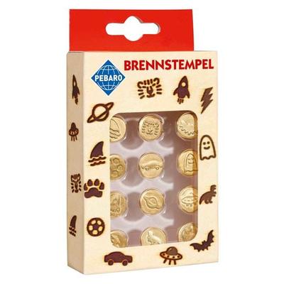 PEBARO 20800 - Brennstempel, 12-teilig, Motiv: Haiflosse/Tiger, Fledermaus, Fußball, Auto, Gespenst, Rakete, Planet/Raumschiff/Pfote/Dino/Blitz,