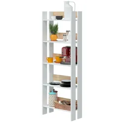 Dmora Bücherregal Warwick, Büroregal mit 5 Regalen, Bücherregal, Bibliothek, 57x27h170 cm, Glänzendes Weiß und Eiche