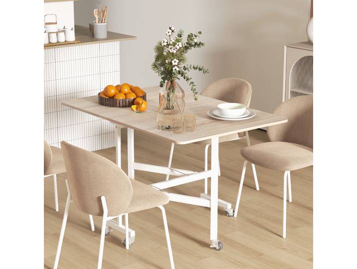 HOMCOM Table pliante sur roulettes, table pour ordinateur portable, table à manger, avec frein de stationnement, Naturel + Blanc