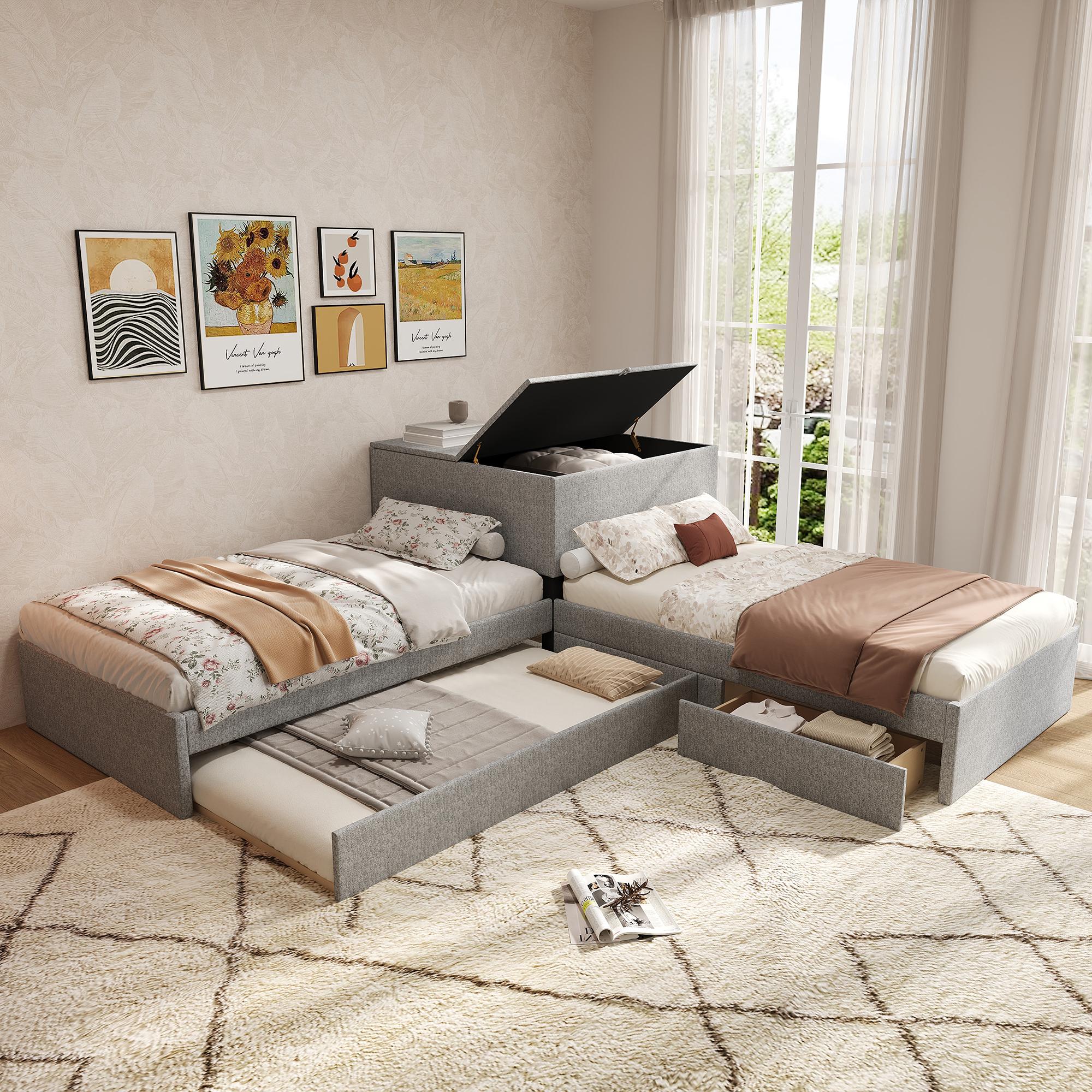 Abrihome Kinderbett 90x200 cm Polsterbett Eckbett aus Leinen, 2 Einzelbett mit Ausziehbett und Stauraumschublade, Grau(Ohne Matratze)