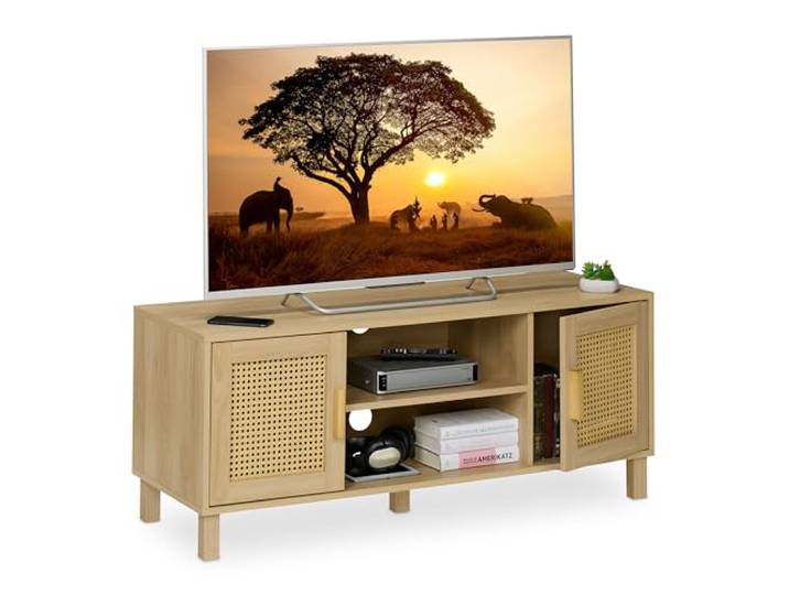Relaxdays TV-Lowboard, Rattan-Design, Fernsehtisch für bis zu 50 Zoll, Holzoptik, HBT: 48 x 115 x 40 cm, TV-Bank, Natur
