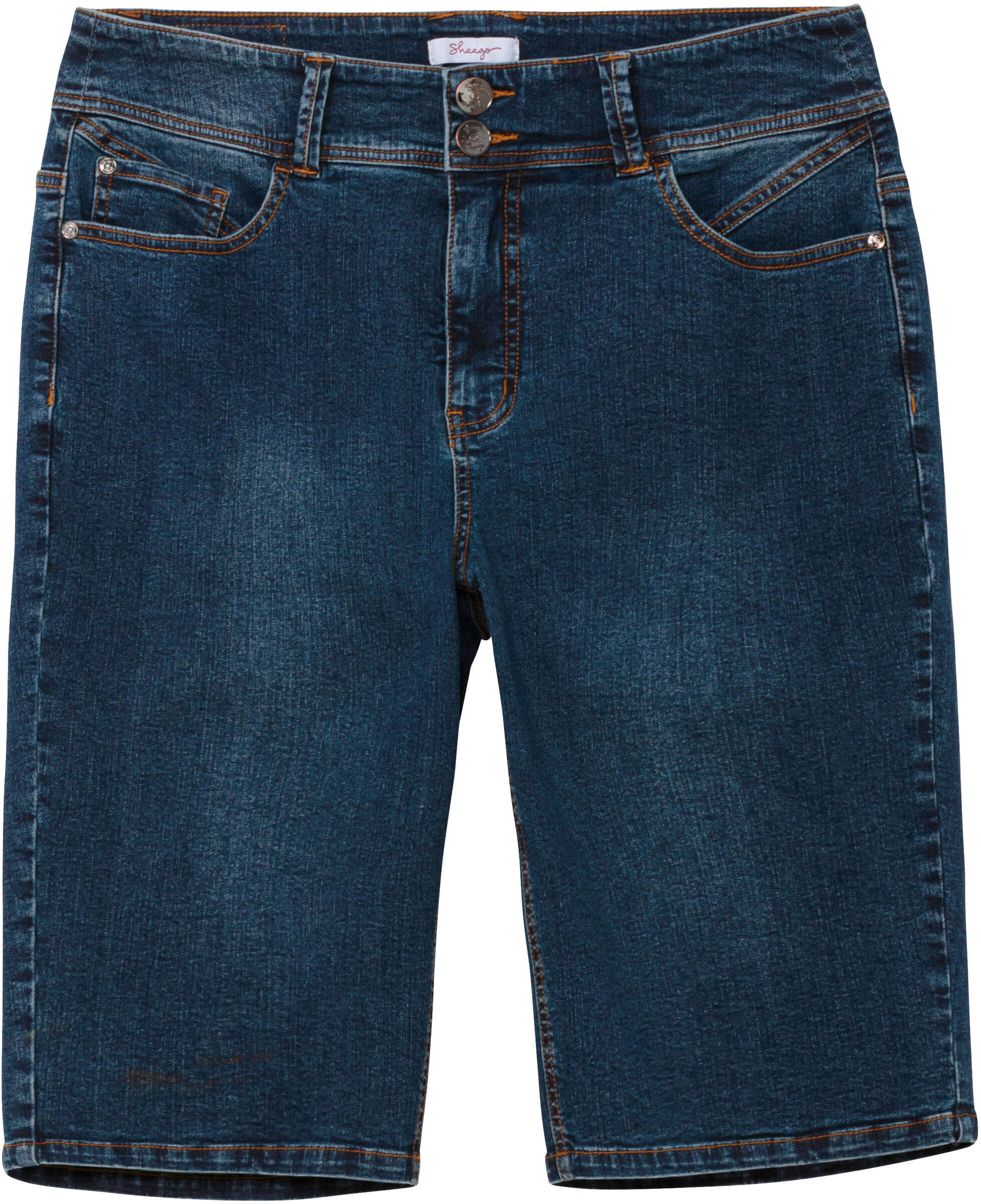Jeansbermudas SHEEGO "Jeansbermudas Jeansbermudas im Curvy-Schnitt MANUELA", Damen, Gr. 56, N-Gr, dunkelblau denim, Sportlich, Jeans Jeansbermudas, im Curvy-Schnitt MANUELA