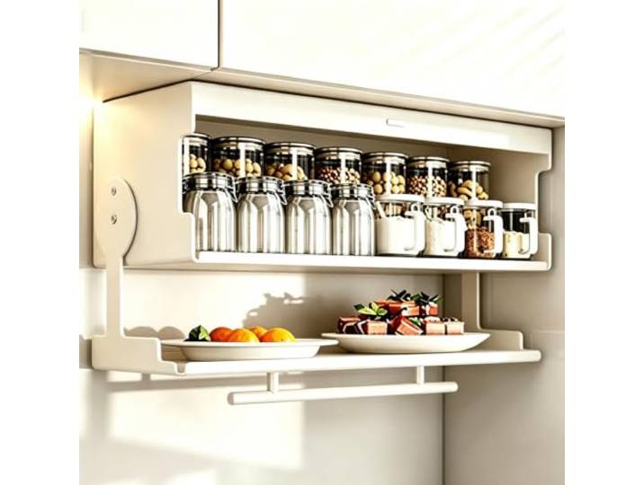 LYFHYSDSP 2-stufiger Auszieh-Schrankorganizer, 90° Herunterklappbares Regal Wandmontierter Klappbarer GewüRzregal, Platzsparender HäNgeorganizer füR GewüRzgläSer, KüChe(White,26cm/10in)