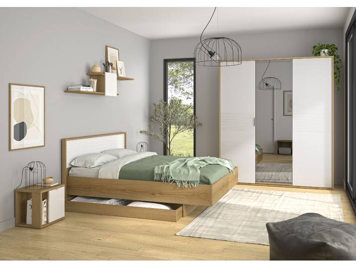 Einzelbett, Spanplatte, Helvezia Eiche Nachbildung & Weiß, 180×200 cm, Kopfteil mit Relief, GAMI