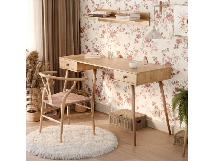 Bureau Droit VALERIO - avec 2 tiroirs - 135x55x79 cm - Coiffeuse - Chêne Craft