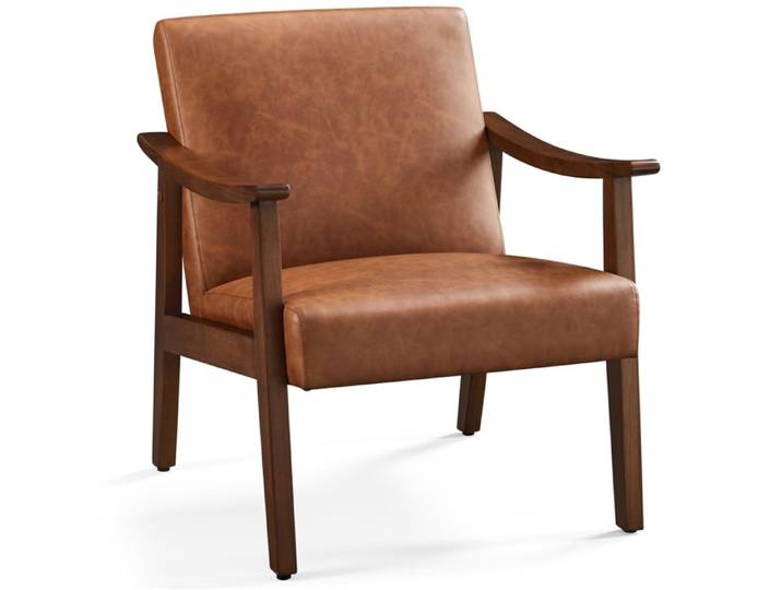 Yaheetech Fauteuil de Salon Moderne Milieu du Siècle en Similicuir Fauteuil de Lecture Rembourré Pour Bureau Chambre Marron