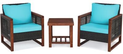 Costway 3 Pieces Acacia Wood Patio Furniture Set with Coffee Table-Turquoise