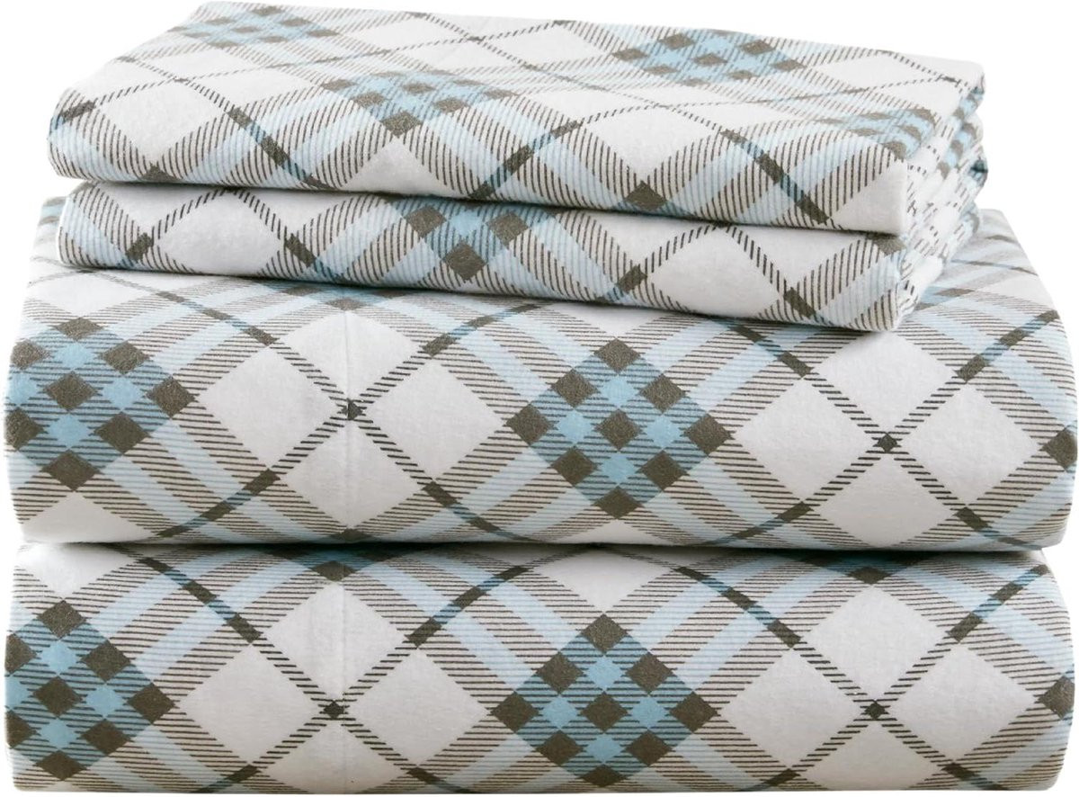 Flanellen Lakenset Blauw Geruit - Queensize Geborsteld Katoen