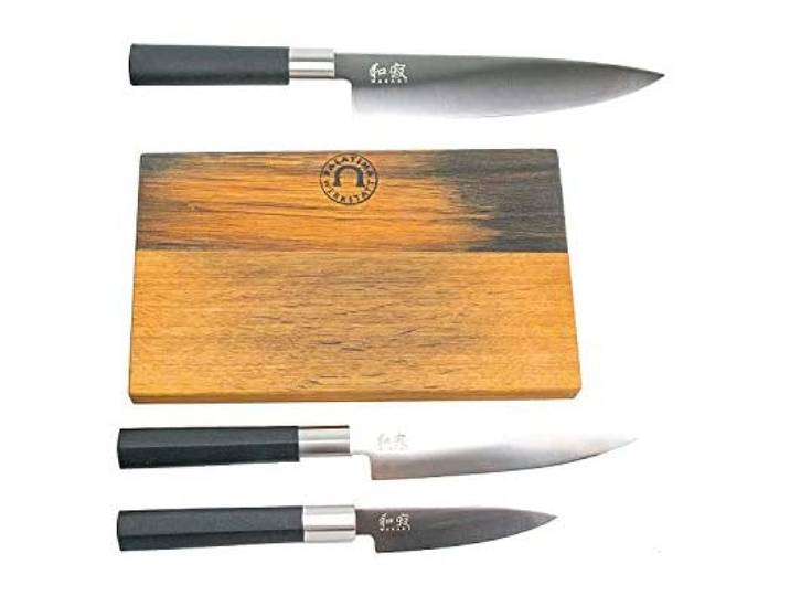 Kai Wasabi Black ultrascharfes Kochmesser-Set Kochmesser 20 cm Officemesser 10 cm Allzweckmesser 15 cm + massives Schneidebrett aus Fassholz VK: 159,- €