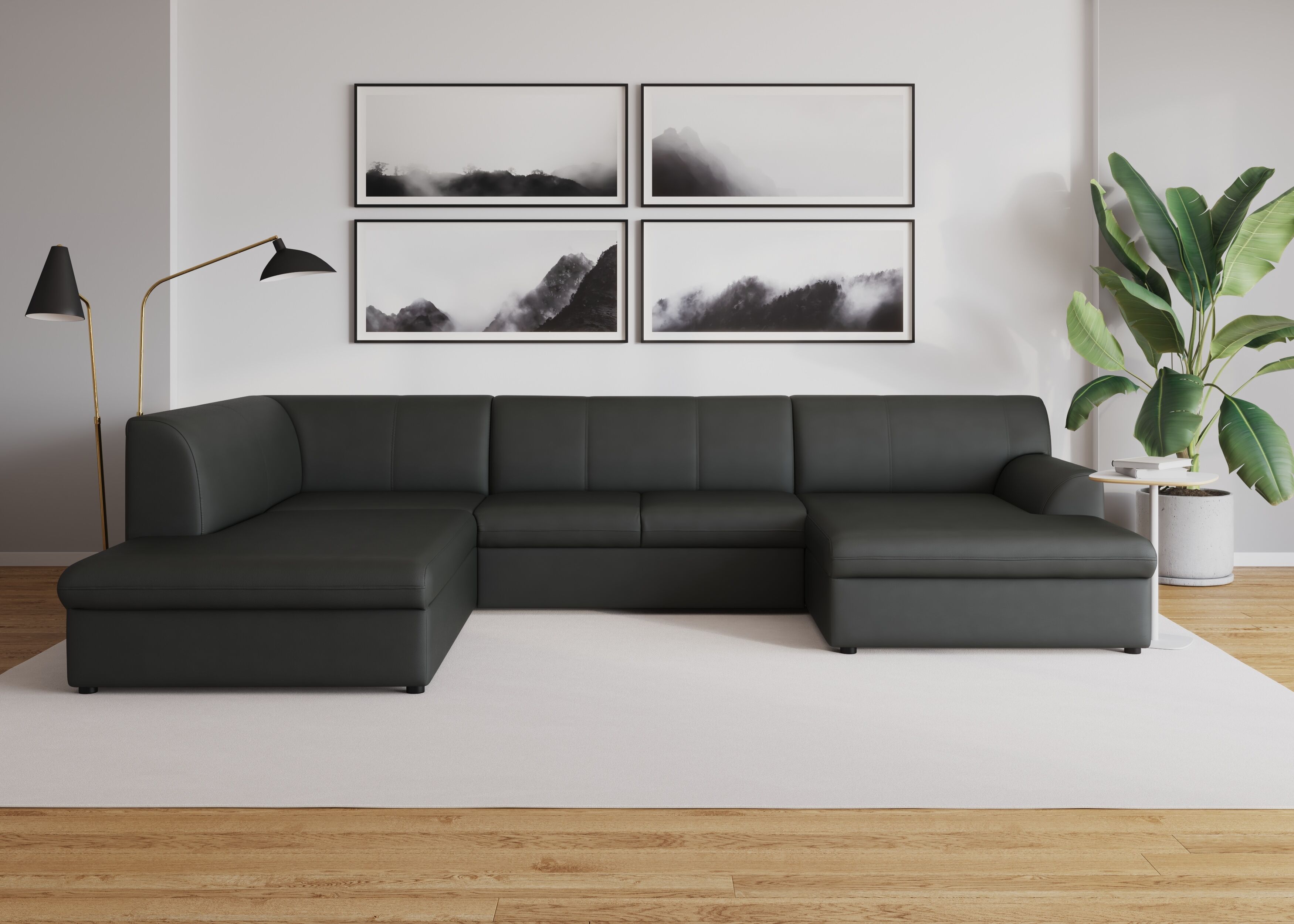 Wohnlandschaft DOMO COLLECTION "Topper, elegant & zeitlos, Breite 320cm, komfortabel, U-Form", grau (dunkelgrau), B:320cm H:78cm T:213cm, Sofas, Wohnlandschaft, wahlweise mit Bettfunktion dunkelgrau B/H/T: 320cm x 78cm x 213cm, Kunstleder SOFTLUX®, Ottoma