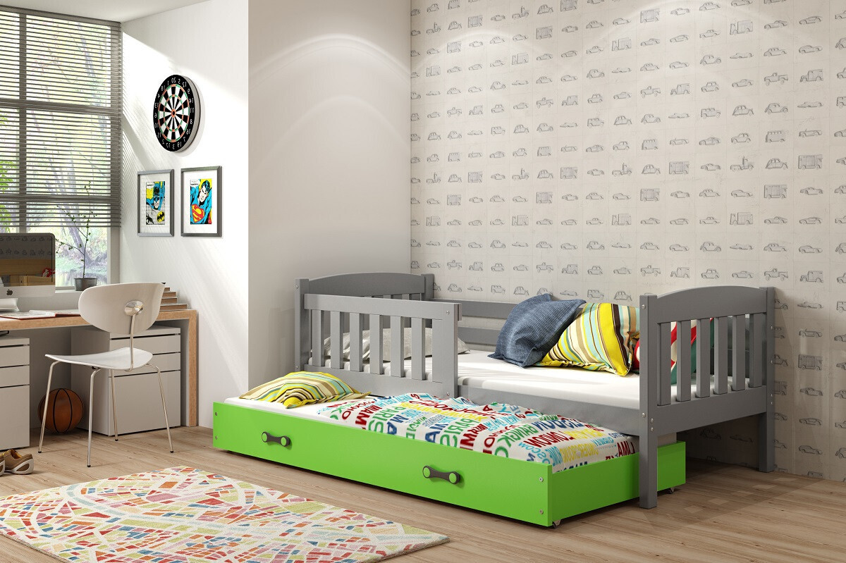 Kinderbett mit Zustellbett ohne Matratzen 80x190 BRIGID - Graphit / Grün