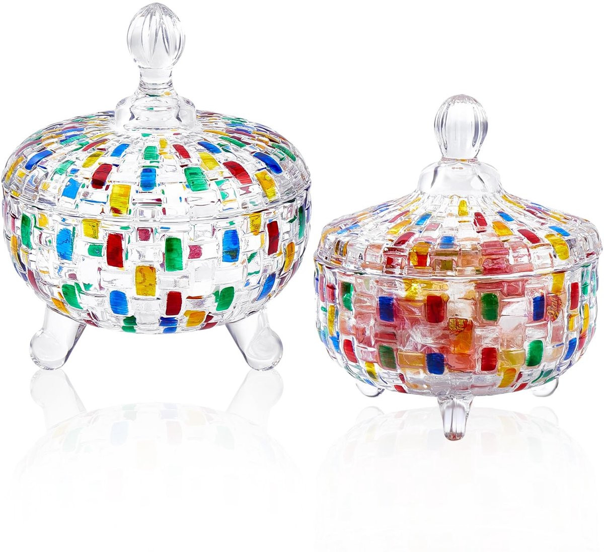 Set van 2 handbeschilderde snoeppotjes van glas voor decoratie