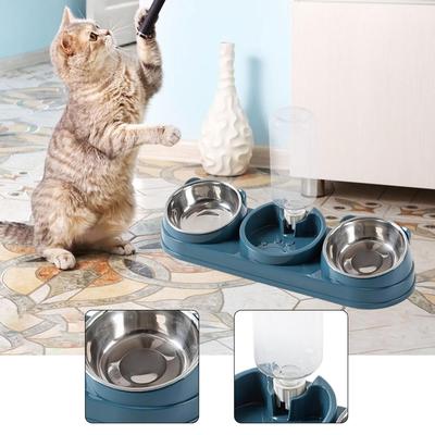 PetsAreLife 3 in 1 Triple Cat Bowl, Pet Food And Water Bowl, Tilted At 15 For Wet And Dry Food blue