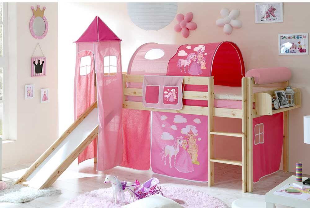 Pharao24.de Prinzessin Kinderbett aus Kiefer Massivholz Rutsche und Turm in Pink