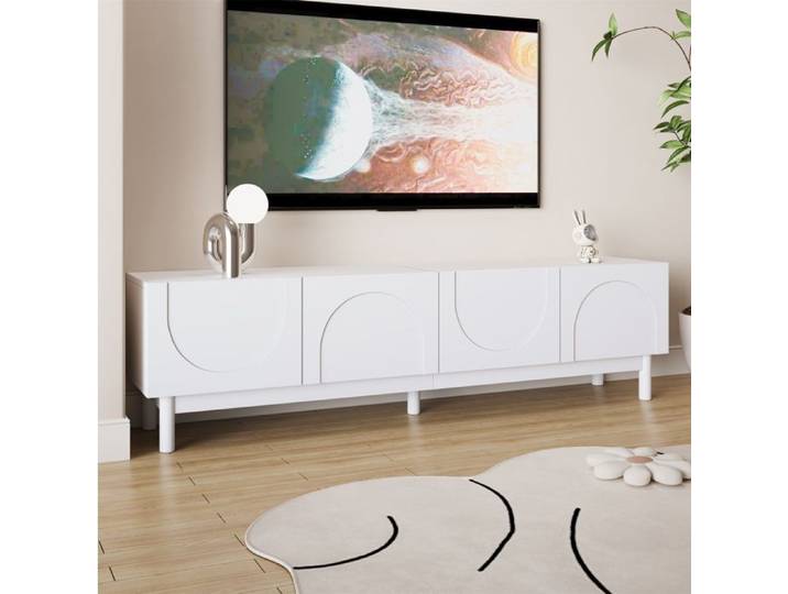 Meuble TV Blanc avec 4 Portes Meuble télé Meuble de Rangement avec séparateurs réglables Table Television Salon Meubles de Salon