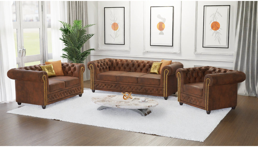 S-Style Furniture Chesterfield Armchair Friedrich Made of Vintage Look Microfibre with Solid Wood Legs Brown 72cm H X 94cm W X 86cm D