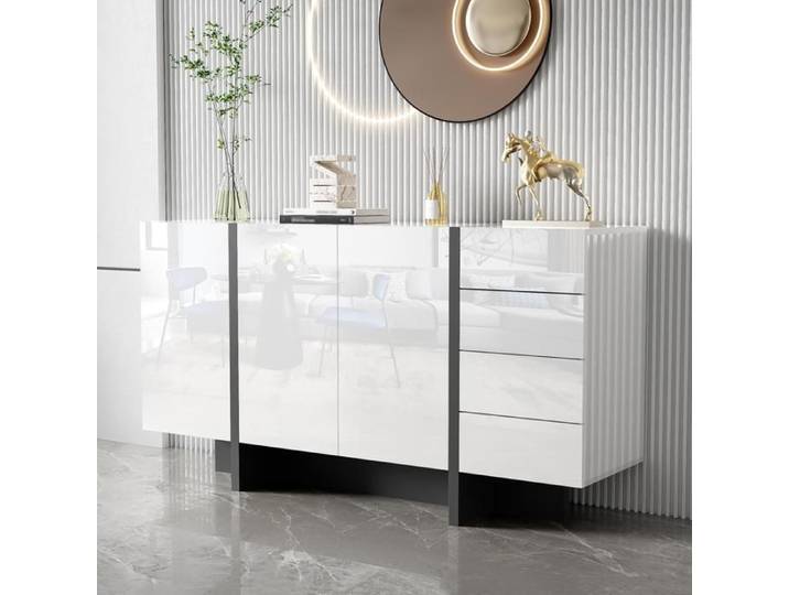 Buffet Bas 150 cm - 2 Portes - 4 Tiroirs - Finition Brillante