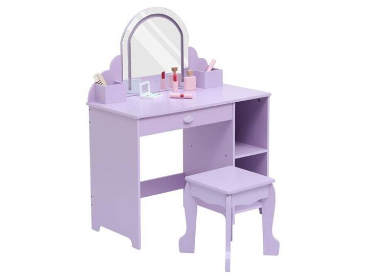Coiffeuse enfant - LUNSY - Forme vague - Dimensions 80x40x101 cm - Violet - MDF - Miroir lumineux LED