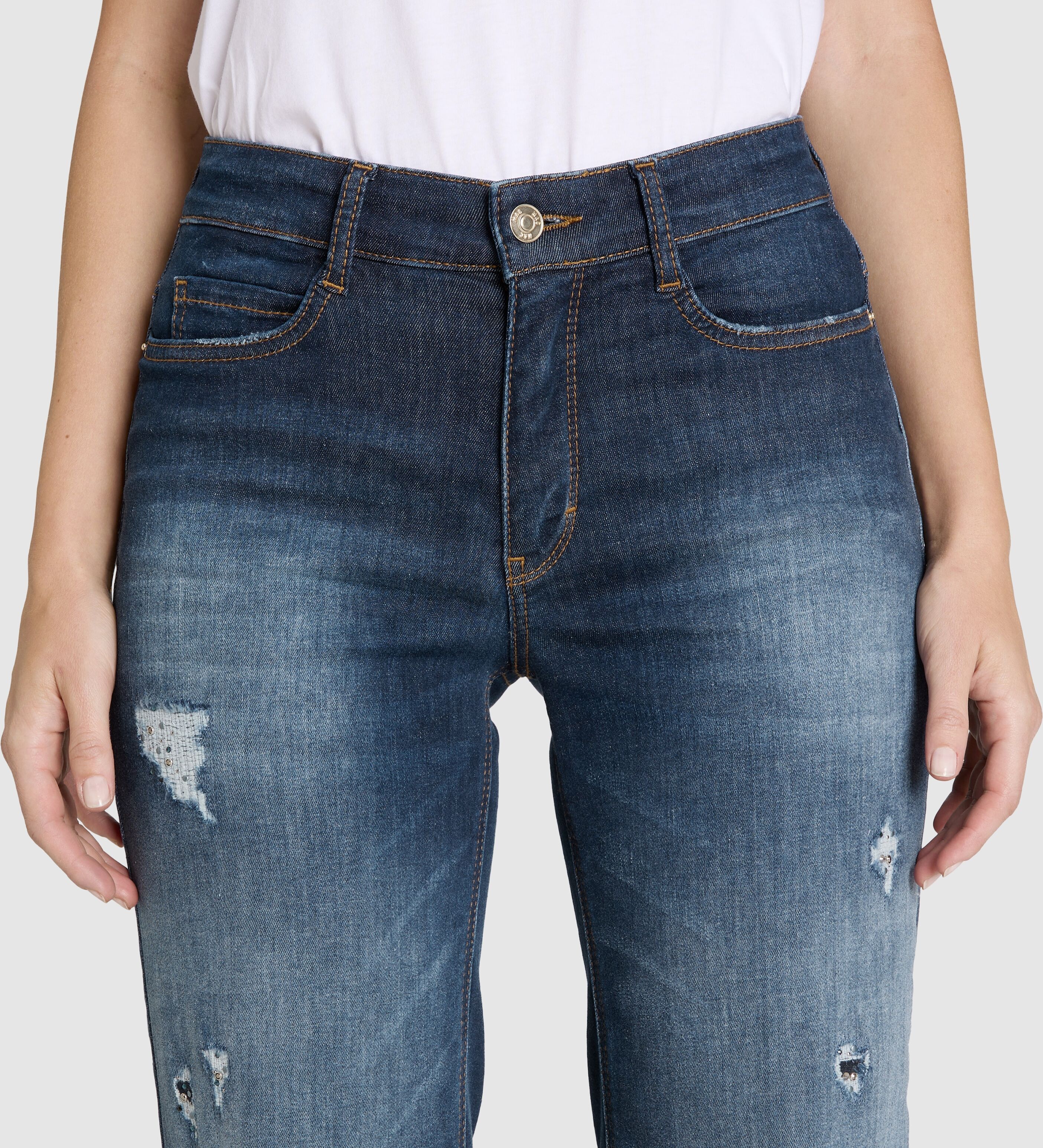 Weite Jeans MAC "WIDE", Damen, Gr. 44, Länge 34, blau (moonlight destroyed), Denim/Jeans, Obermaterial: 91% Baumwolle, 7% Elastomultiester, 2% Elasthan, Destroyed-Effekte, unifarben, weit knöchellang, Jeans Weite Jeans, im Five-Pocket Style moonlight dest