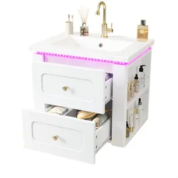 Merax LED Waschtisch 61 cm, kompakter wandhängender Waschtischunterschrank mit Keramikwaschbecken, Schubladen & Seitenregal, Weiß