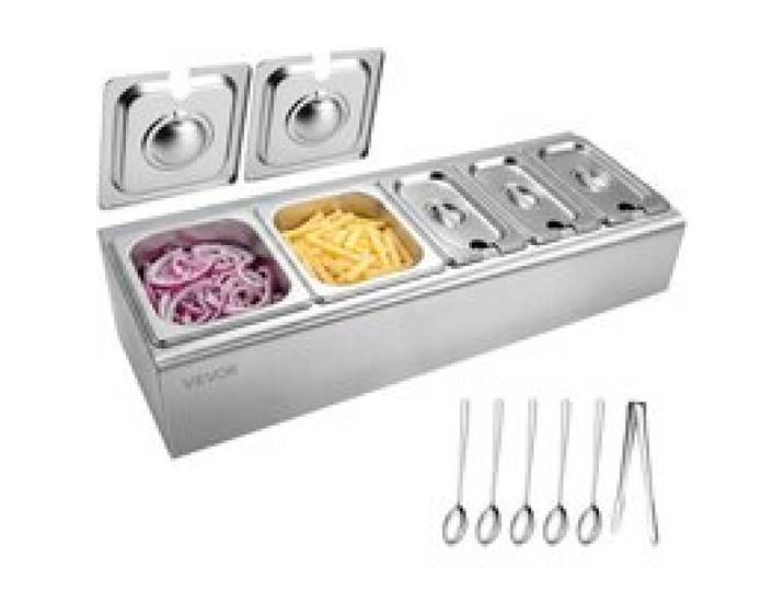 VEVOR GN-Zutatenstation mit 2 x 1/6 und 3 x 1/9 GN-Behältern, Edelstahl-Beilagenbehälter mit Separaten Deckeln, Zutatenhalter für Buffet, Restaurant, Hotel, Imbiss & Küche, Kühlhaltende Toppingstation