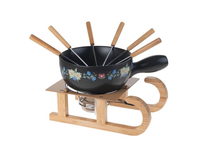 NOUVEL Fondue Nouvel Nouvel Käsefondue-Set Schlitten, Schwarz , bunt (schwarz, blau, hellgelb, holzfarben), Fondues, Fondue