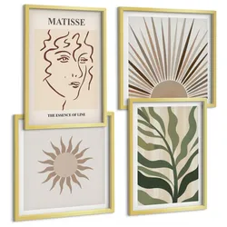 BILDER SET 4er Set - 50x50 cm & 40x60 cm Goldrahmen - Abstrakte Pflanzenmuster