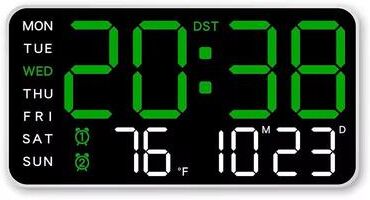 Inspire Select Large LED Digital Wall Clock USB Powered Remote Control With Temperature, Date & Week Display + Dual Alarm Feature white green