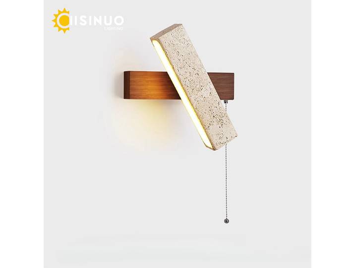 Wabi-sabi jaune travertin pierre applique murale rotative avec interrupteur à chaîne de traction LED bois décor pierre lampe pour chevet couloir Foyer