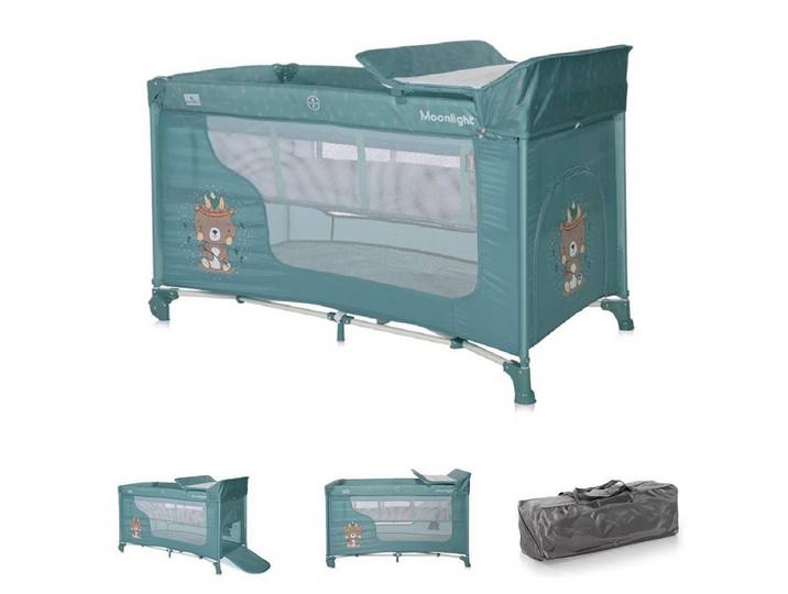 LORELLI Baby-Reisebett Moonlight 2 Ebenen, Wickelauflage, Räder, Seiteneingang, Tragetasche, Laufstall, Polyester