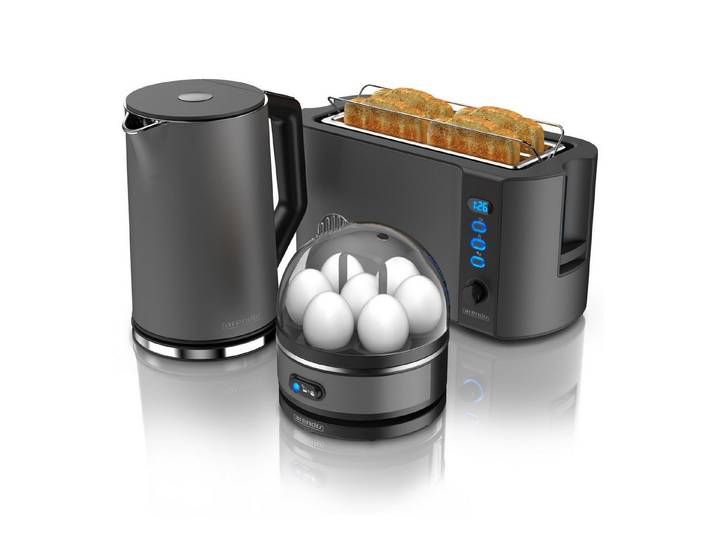 Arendo Frühstücks-Set Wasserkocher 1,5l, 4-Scheiben Toaster, 7er Eierkocher, Cool Grey (3-tlg), Edelstahl, BPA-frei, GS-geprüfte Sicherheit, fürs Familienfrühstück