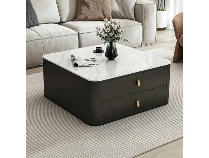 Moderner quadratischer Sinterstein-Couchtisch mit Stauraum für Wohnzimmer Sintersteinplatte, kompaktes quadratisches Design, integrierte Schublade für Wohnzimmer & gehobene Innenräume(E,60cm/23.6in)