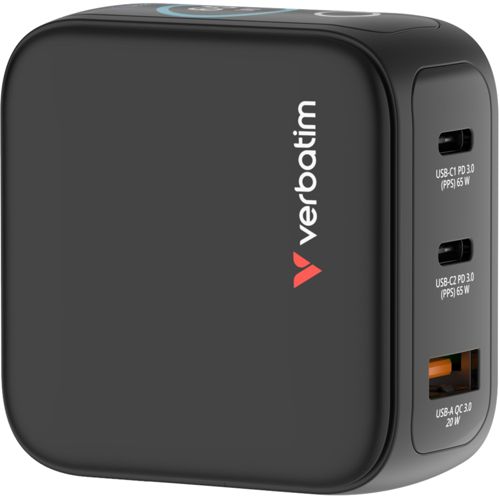 Verbatim Mini GaN Charger 65W mit Display 2xUSB-C +1xA 30238