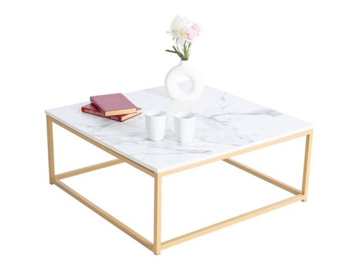 Table Basse De Salon Carré Effet Marbré Structure En Métal Style Rétro Industriel 80X80X34Cm Blanc+Doré