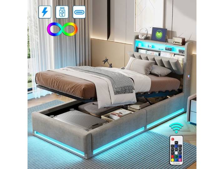 Lit coffre double - LUMINARIX - LUMINARIX - 90x200 cm - Mécanisme à gaz - Éclairage LED - Ports USB intégrés