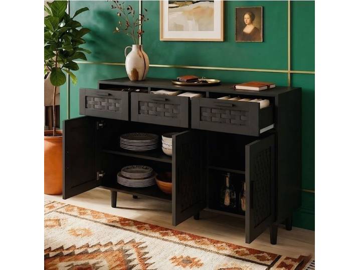 Buffet de Rangement 108x40x80cm - Rangement Optimisé - Style Moderne - PVC Rotin Noir