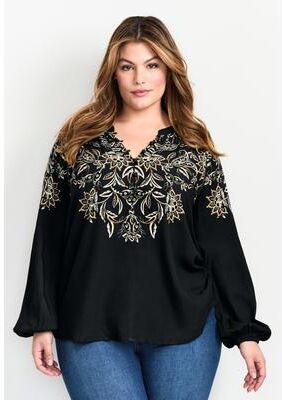 Plus Size Women's Temptation V-Neck Shirt by Avenue in Black Placement (Size 30/32)