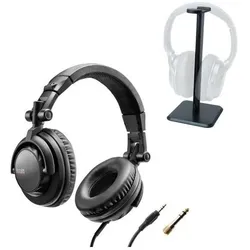 Hercules HDP DJ45 DJ Kopfhörer mit Tisch-Stativ (NC, Kabelgebunden), Kopfhörer, Schwarz