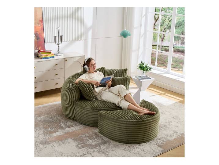 i@home Sitzsack Großes rundes Bodensofa ohne Beine, Kordelstoff Sitzlehne, Sitzsack (2 St), Bodensofa mit Fußstuhl,weiches LoungeSofabett,Lounge Sitzbank,Olivgrün