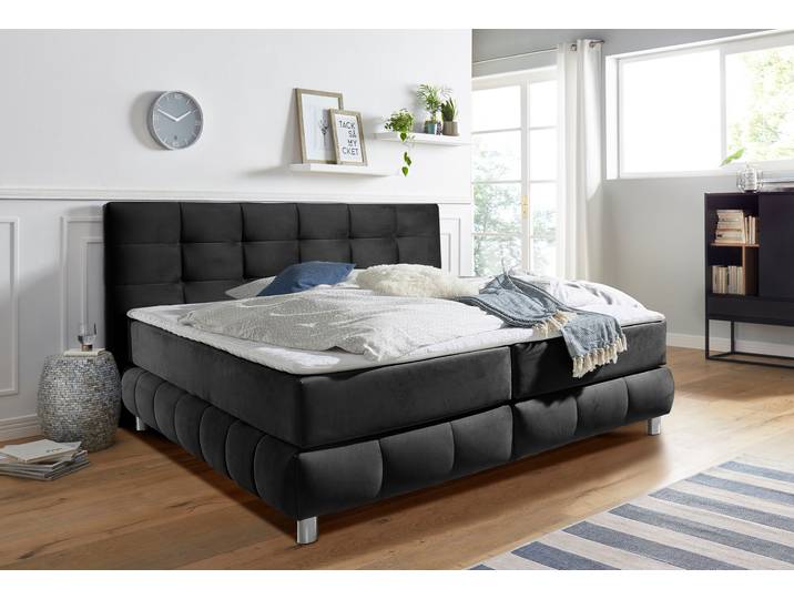 Boxspringbett, Strukturstoff, Grau (Anthrazit), 174×211 cm, Mit Topper, Skandinavisch, andas