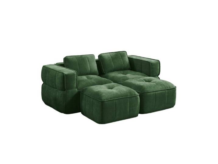 Modenuit Canapé compressé 2 places avec 2 tabourets tissu polyester vert mousse 32D