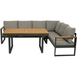 Funktions Eckbank Set  KAMPALA 2-teilig, Aluminium anthrazit + Akazie, Polster grau