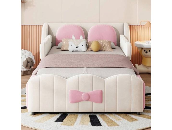Lit coffre enfant 90x200 cm lit capitonné velours beige avec tête de lit en forme d'ailes – Norevia