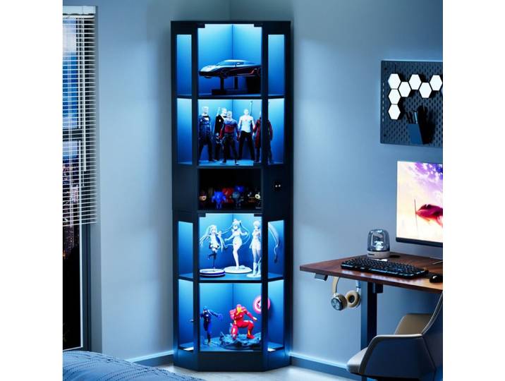 Vitrine noire 5 niveaux 57x40x165 cm avec éclairage LED détecteur de mouvement MDF et verre VEVXYN