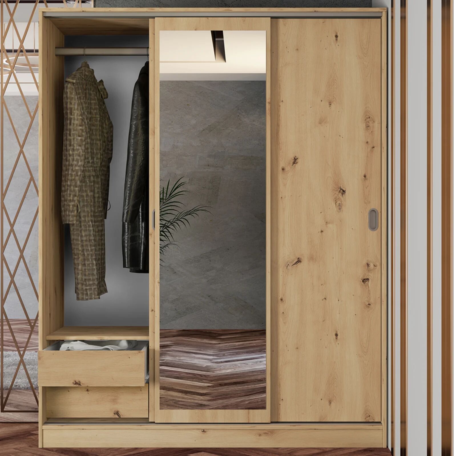 garneroarredamenti Armadio 150x191h cm scorrevole con specchio rovere rustico Collodi